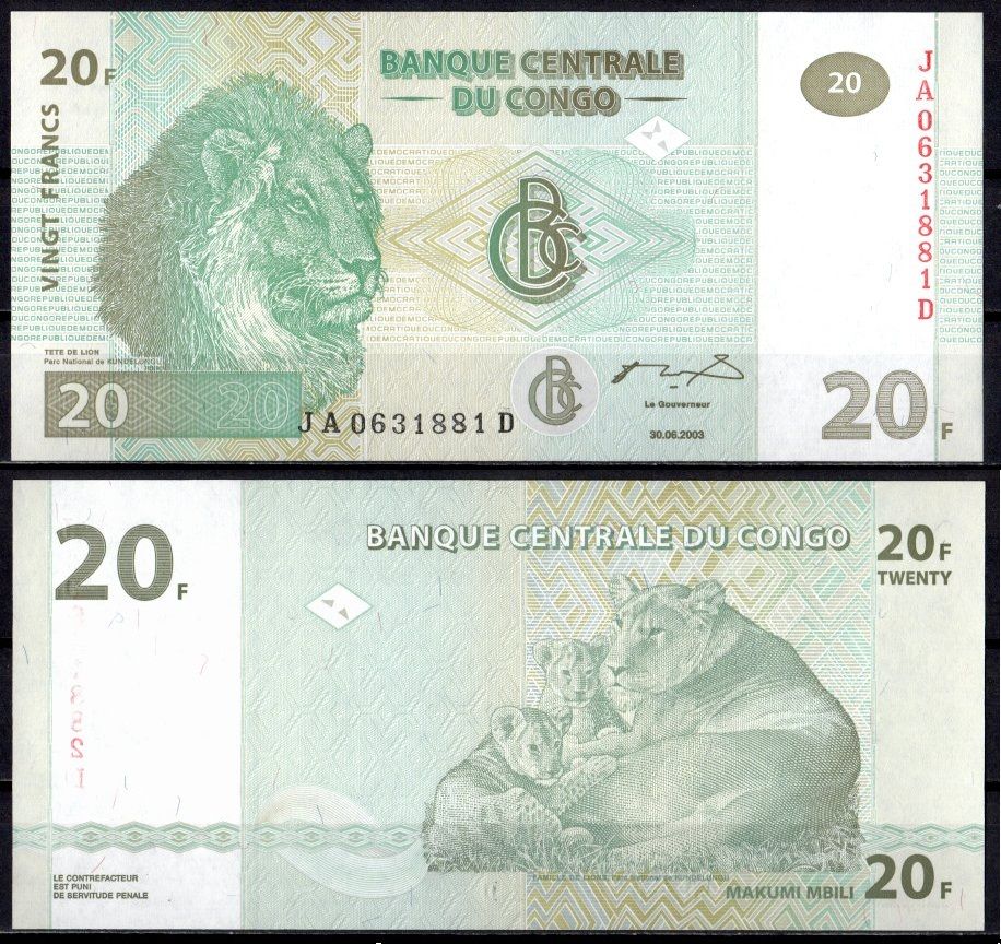 Конго 20 франков 2003 Pick 94 бумага UNC (пресс) 7214-10-2-2