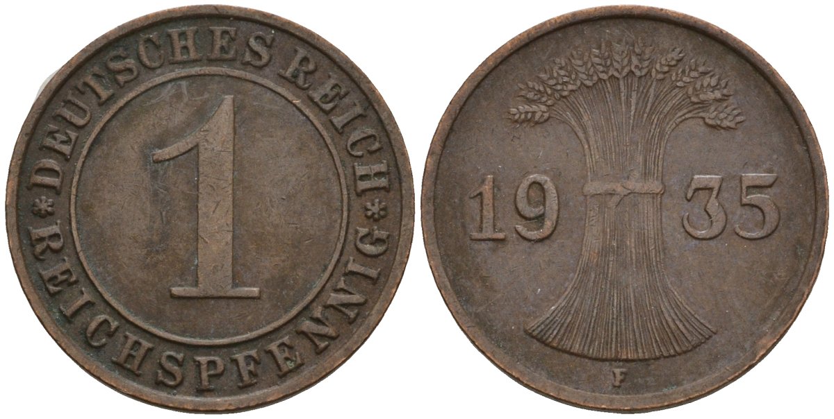 Германия 1 рейхспфенниг 1935 F KM 37, J. 313 бронза 4124-817