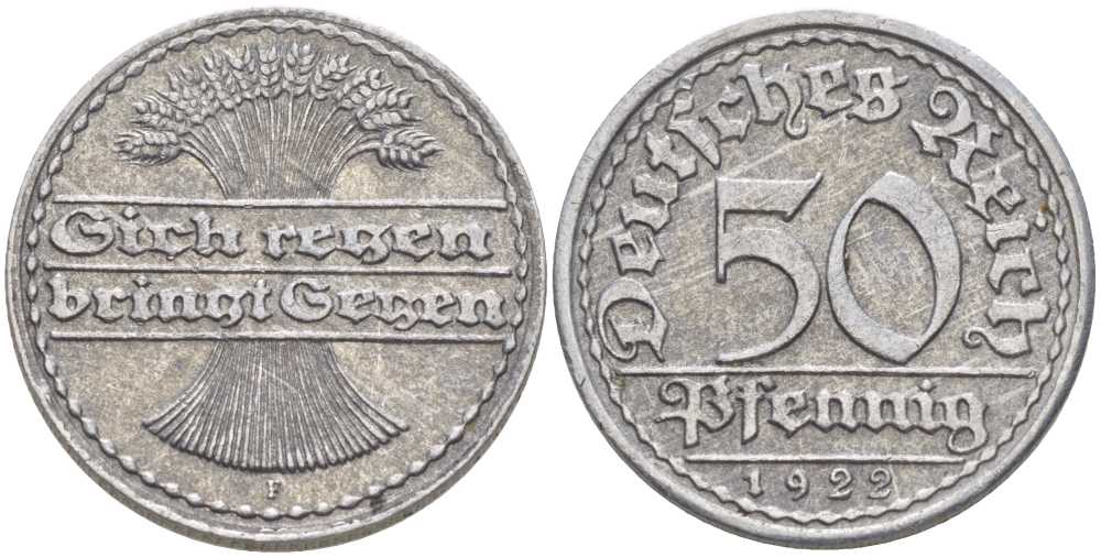 ГЕРМАНИЯ 50 ПФЕННИГОВ 1922 F KM 27, J. 301, Weege 10 алюминий 212-826