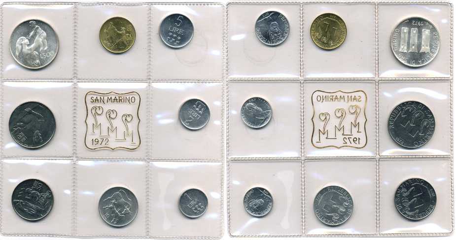 Сан-Марино годовой набор из 8 монет 1972 1, 2, 5, 10, 20, 50, 100 и 500 лир мать поднимает ребенка в воздух KM 14-21, в оригинальной пластиковой запайке серебро KM MS1 серебро UNC 2-5-1-46