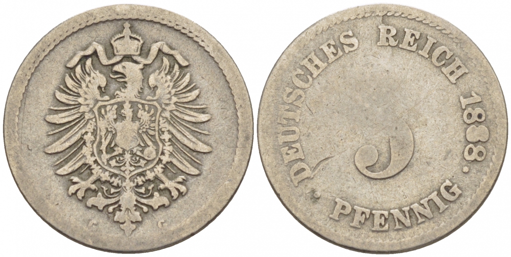 ГЕРМАНИЯ 5 ПФЕННИГОВ 1888 G, СТАРОГЕРБОВКА KM 3, J. 3 медно-никель 3718-142