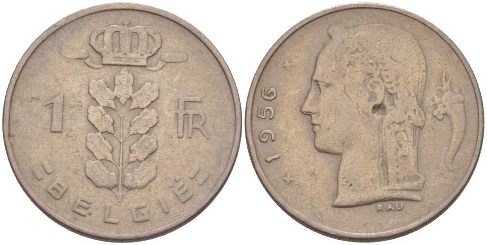 БЕЛЬГИЯ 1 ФРАНК 1956 BELGIE, БОДУЭН I (1951-1993) KM 143.1 медно-никель 213-324