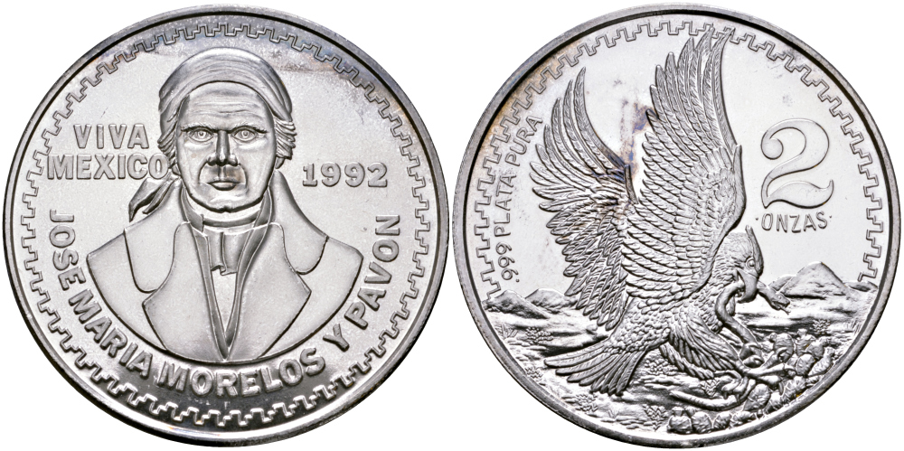Мексика 2 унции 1992 да здравствует Мексика, Хосе Мария Текло Морелос и Павон, диаметр 48 мм., вес 2 тройские унции серебро PROOF 00-00