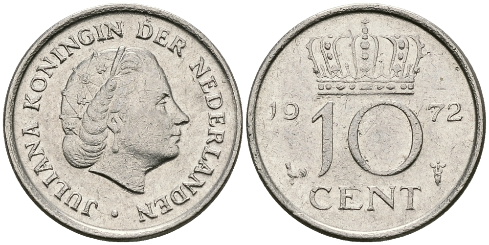 Нидерланды 10 центов 1972 Юлиана (1948-1980) KM 182 никель 96-365