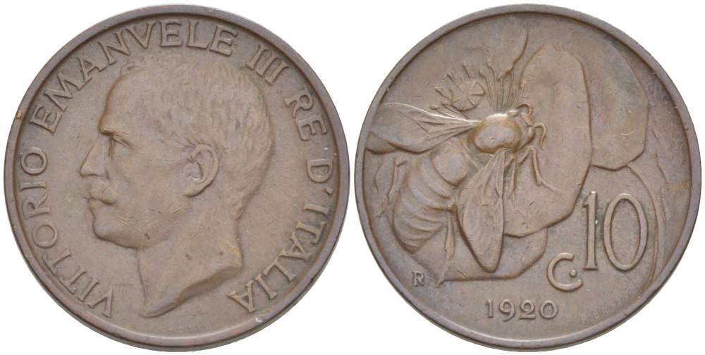 ИТАЛИЯ 10 ЧЕНТЕЗИМО 1920 R, МОНДВОР РИМ, ВИКТОР ЭММАНУИЛ III (1900-1946) KM 60 медь 4525-222