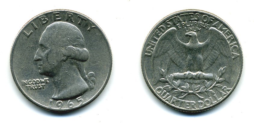 США 25 центов (квотер) 1965 Вашингтон KM 164а медь плакированная медно-никелем 46-1844