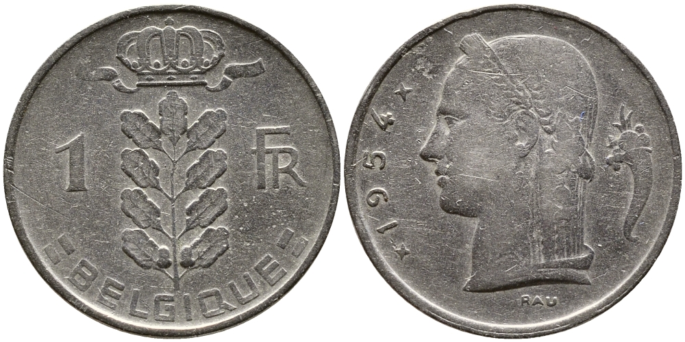 БЕЛЬГИЯ 1 ФРАНК 1954 BELGIQUE KM 142.1 медно-никель 4388-1214