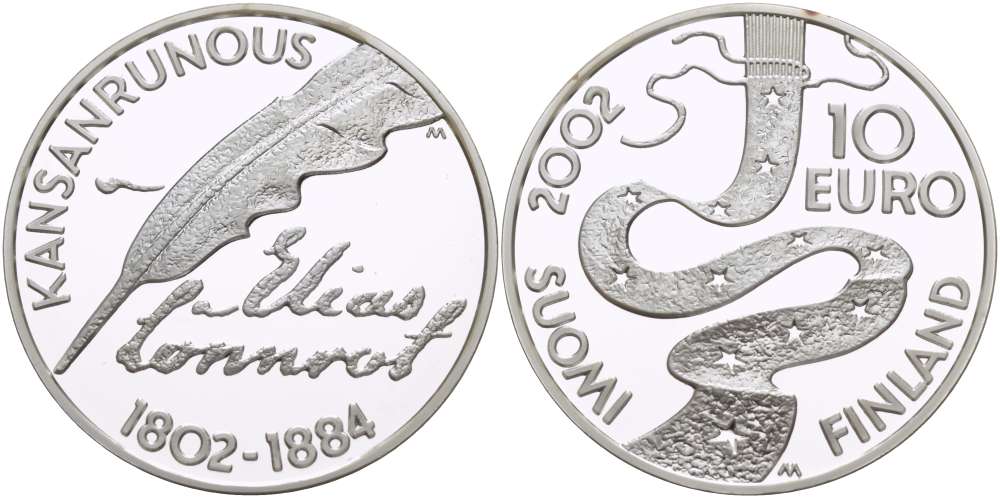 Финляндия 10 евро 2002 Элиас Леннрот, лингвист KM 108 серебро PROOF 1084-9-64