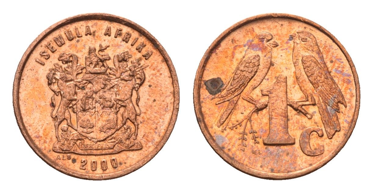 ЮАР 1 цент 2000 герб, капские воробьи KM 170 сталь плакированная медью UNC 4694-141