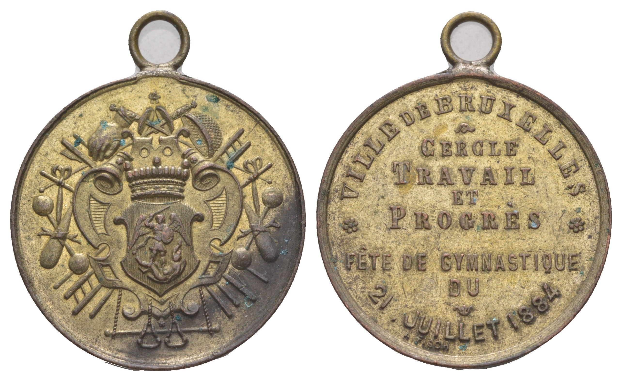 Бельгия медаль Национальная выставка промышленного искусства 1874 диаметр 32 мм, вес 13,34 гр посеребренная бронза 5010-1821