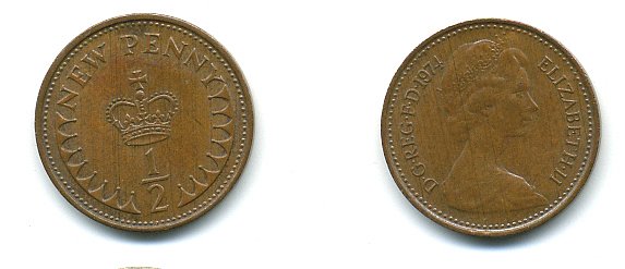 Великобритания 1/2 пенни 1974 Елизавета II (1952-2022) KM 914, Spink 4239 бронза 4110-1718