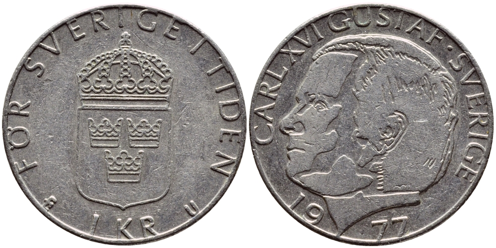 Швеция 1 крона 1977 Карл XVI Густав (1973- ) KM 852 медь плакированная медно-никелем 4397-817
