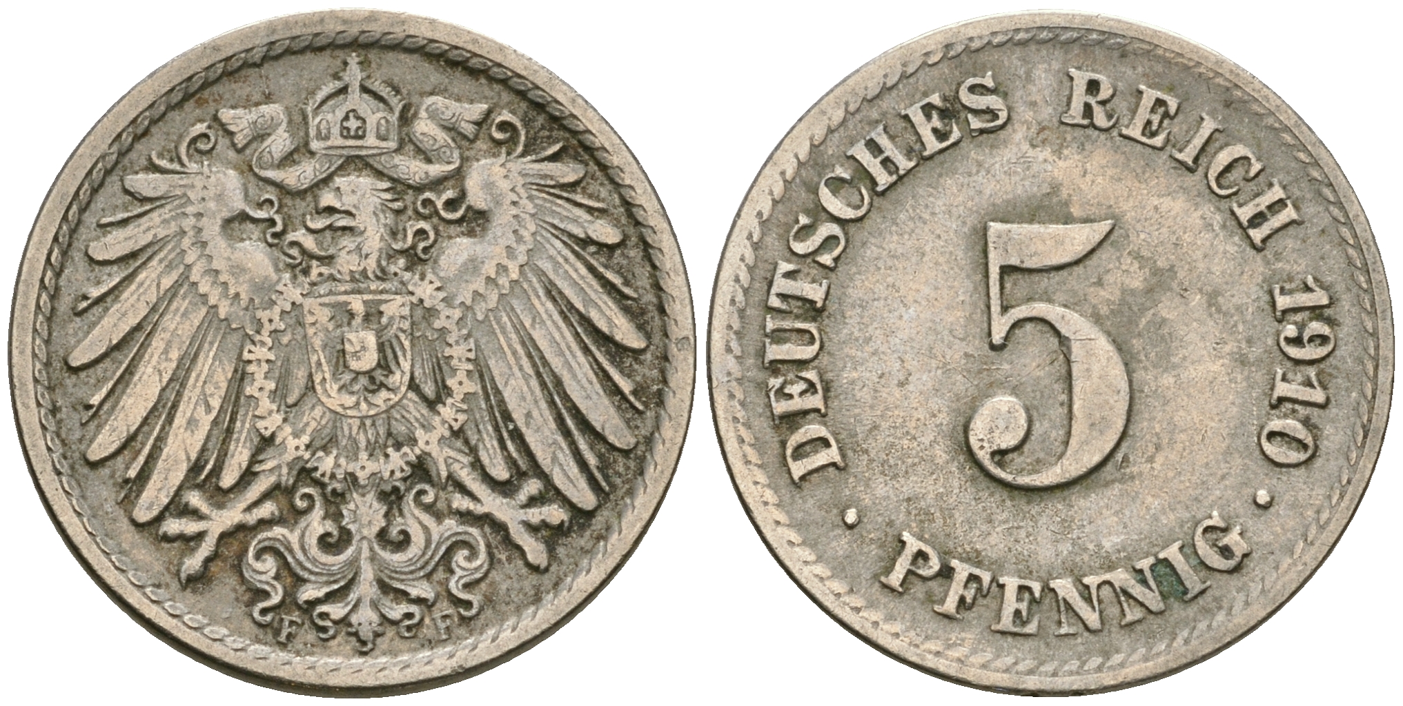 Германия 5 пфеннигов 1910 F KM 11, Jager 12, Weege 6 медно-никель 08-1421