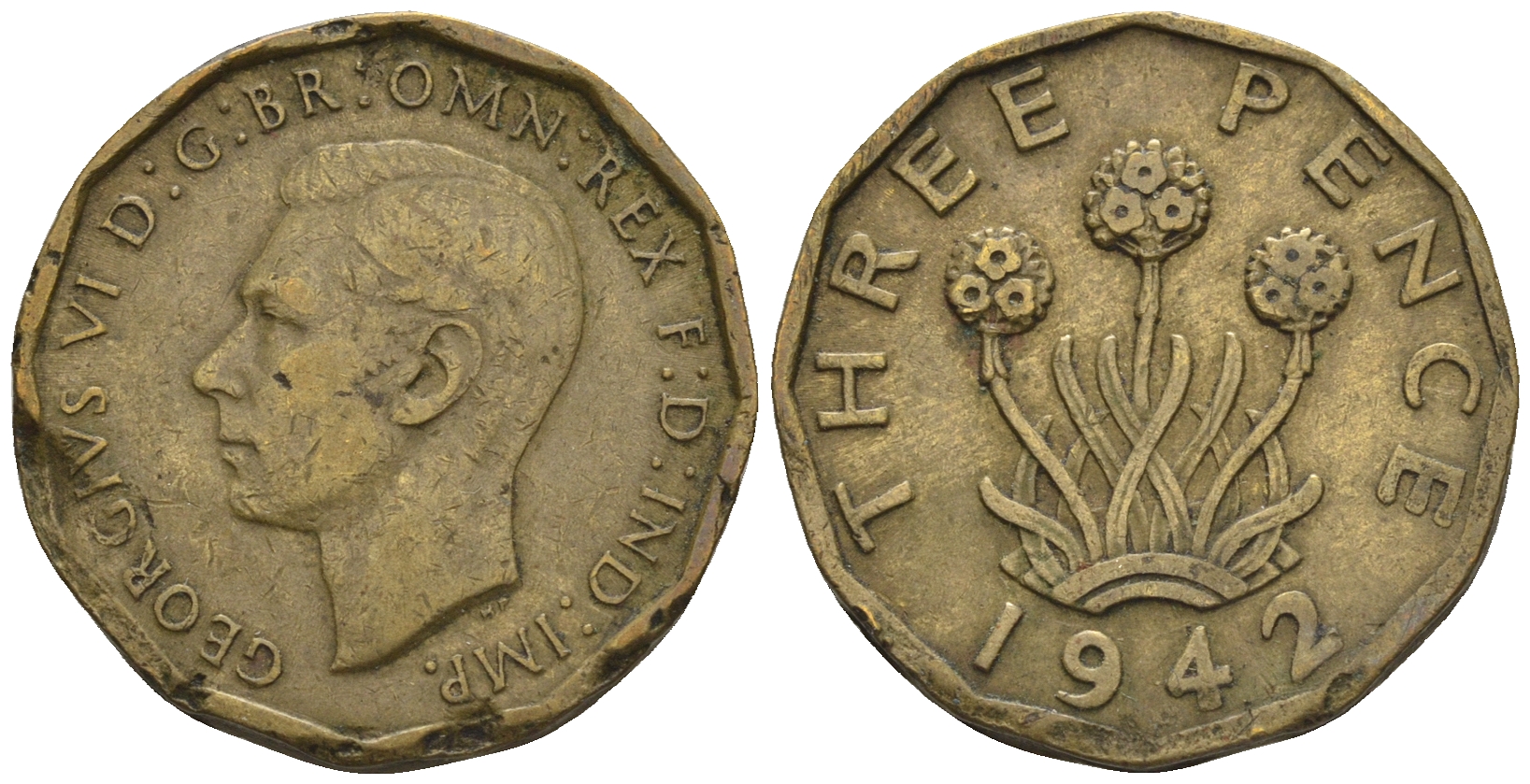 Великобритания 3 пенса 1942 Георг VI (1936-1952) KM 849, Spink 4112 никель латунь 4610-1054