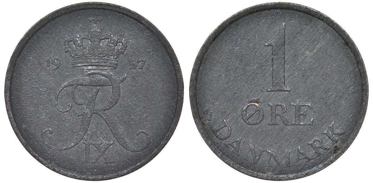 Дания 1 эре 1957 Фредерик IX KM 839.2 цинк 4164-142
