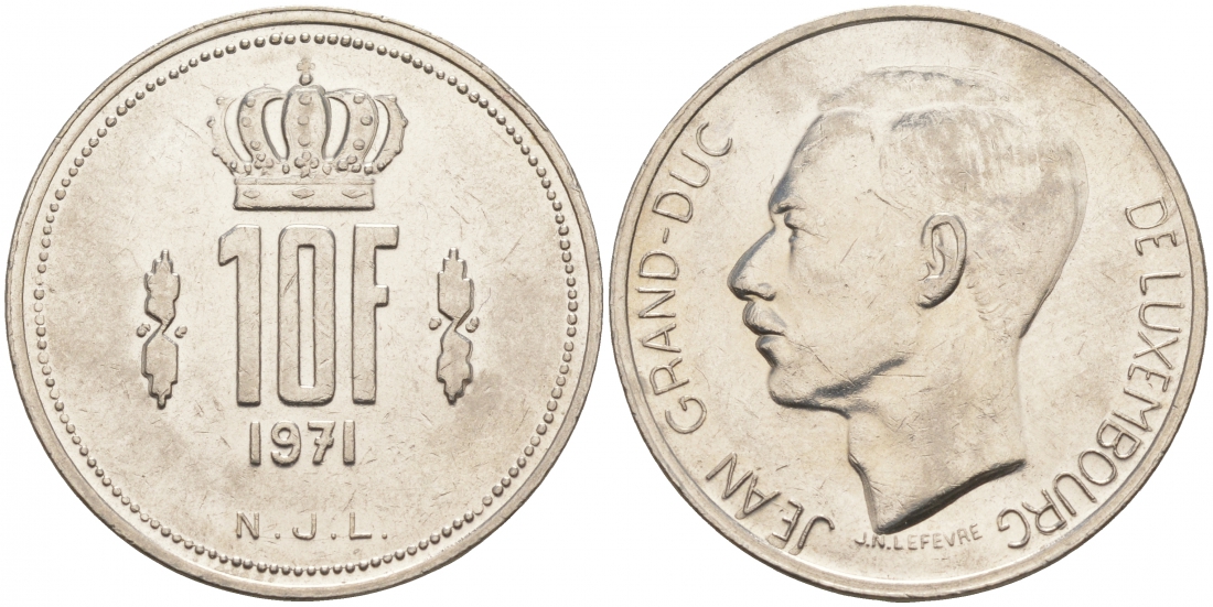 Люксембург 10 франков 1971 Великий герцог Жан (1964-2000) KM 57 никель 69-623