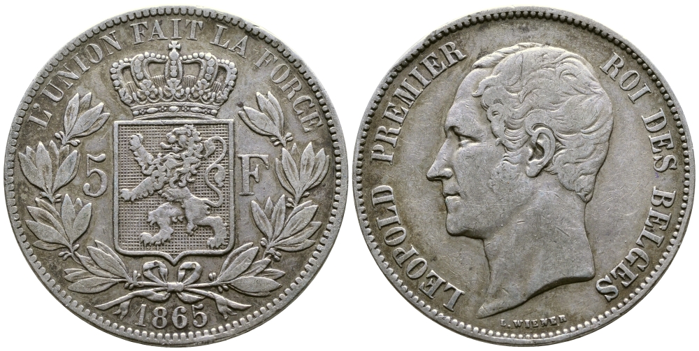 Бельгия 5 франков 1865 Леопольд I (1831-1865) KM 17 серебро 00-1067-6-21