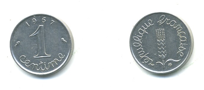 ФРАНЦИЯ 1 САНТИМ 1967 KM 928 хромированная сталь 84-1521