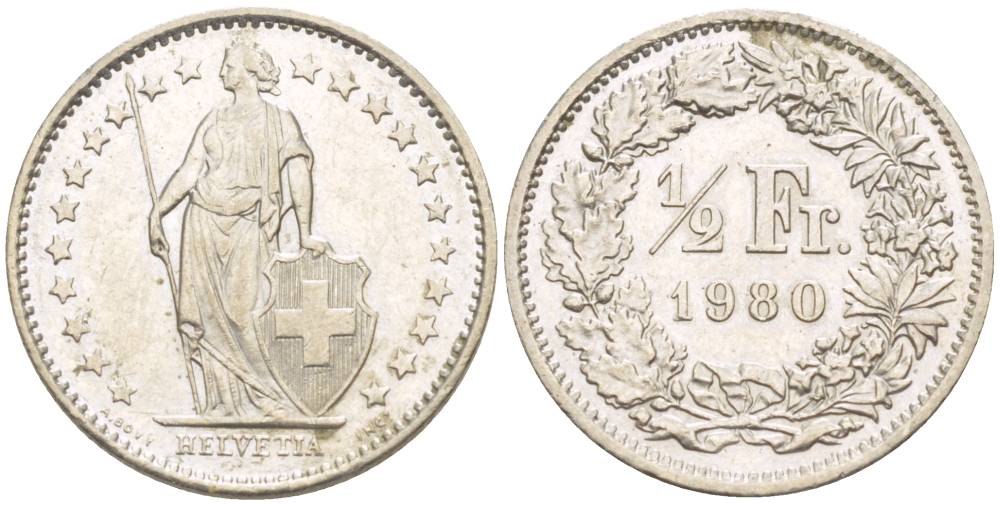 ШВЕЙЦАРИЯ 1/2 ФРАНКА 1980 KM 23а.1 медно-никель 4532-1053
