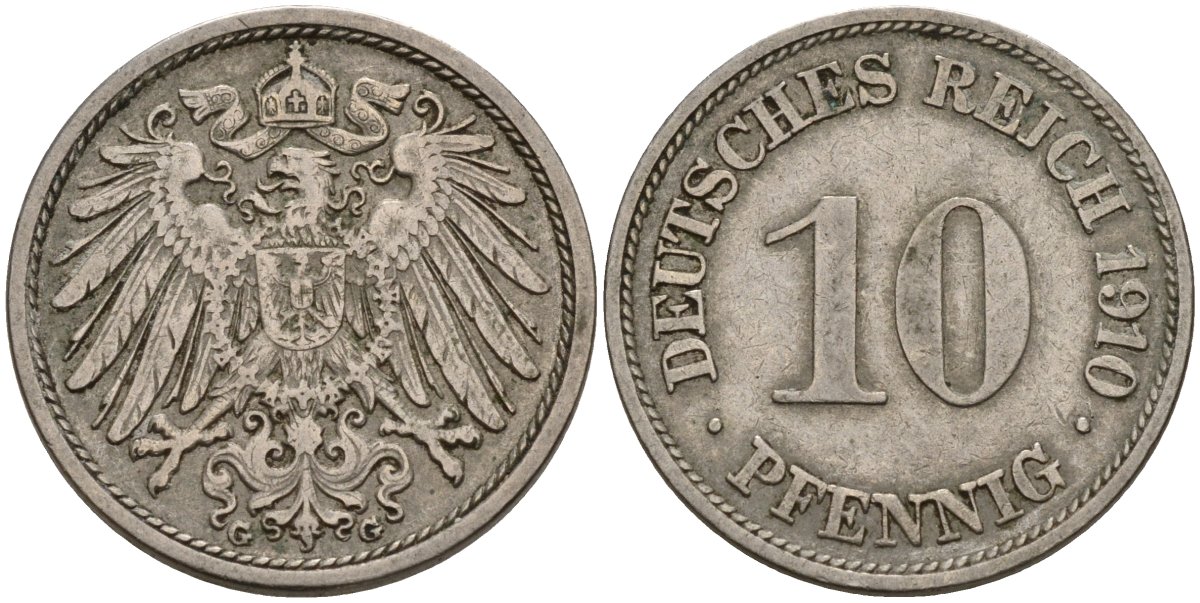 Германия 10 пфеннигов 1910 G KM 12, J. 13 медно-никель 4539-736