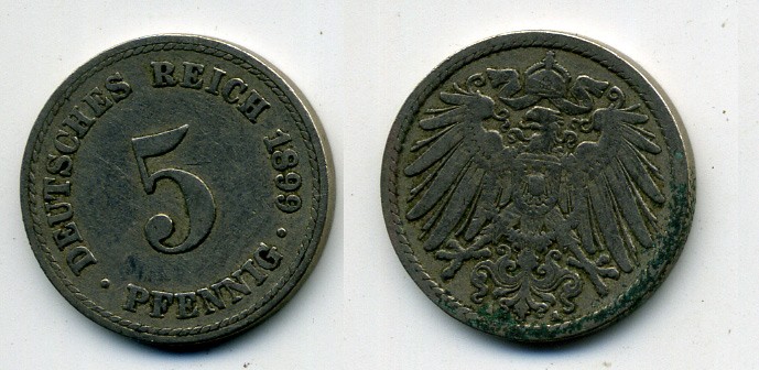 ГЕРМАНИЯ 5 ПФЕННИГОВ 1899 A, KM 11, J. 12 медно-никель 58-443