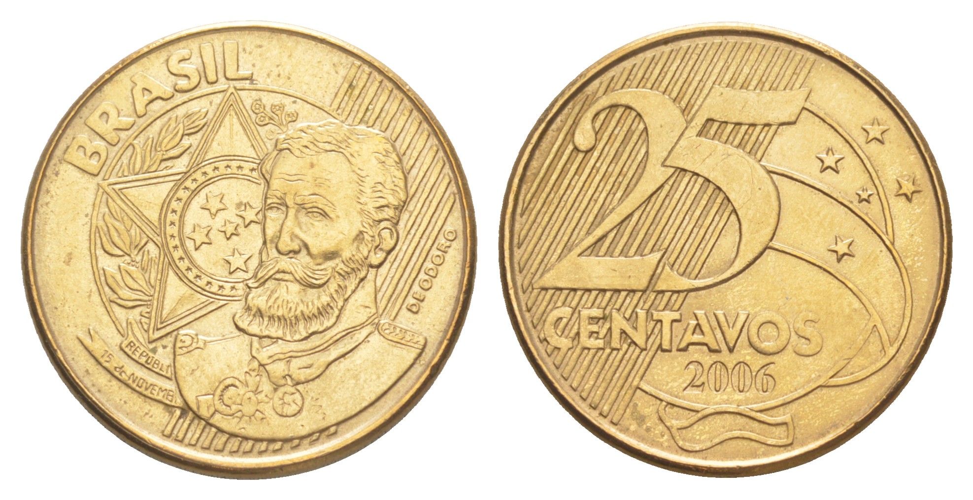 Бразилия 25 сентаво 2006 KM 650.1 сталь плакированная латунью 4642-1123