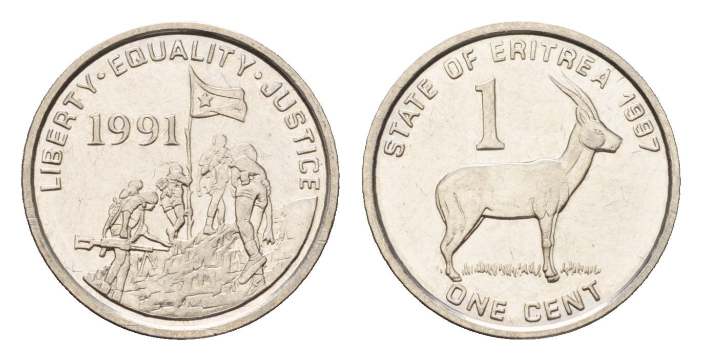 Эритрея 1 цент 1991 краснолобая антилопа KM 43 сталь плакированная никелем UNC 4640-447