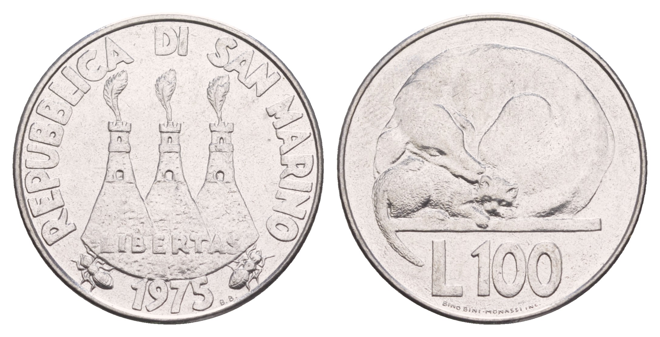 Сан-Марино 100 лир 1975 Любовь у животных KM 46 нержавеющая сталь  UNC  4634-123