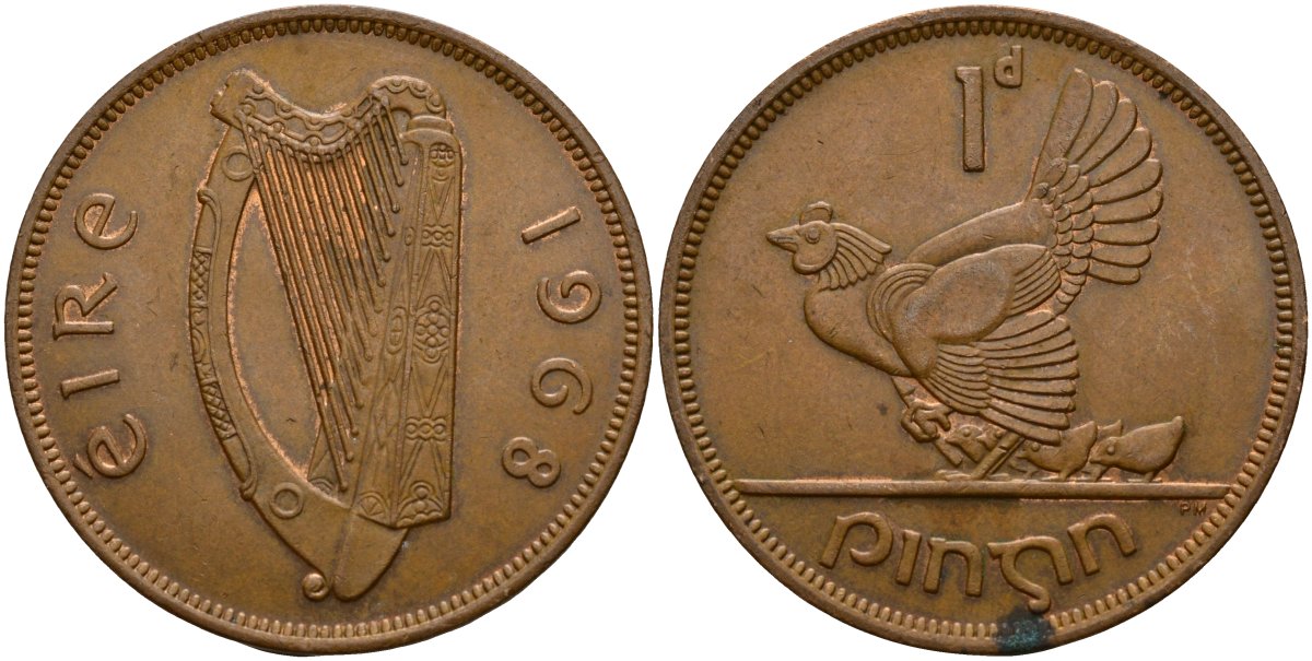 Ирландия 1 пенни 1968 курица с цыплятами KM 11 бронза 4157-1114