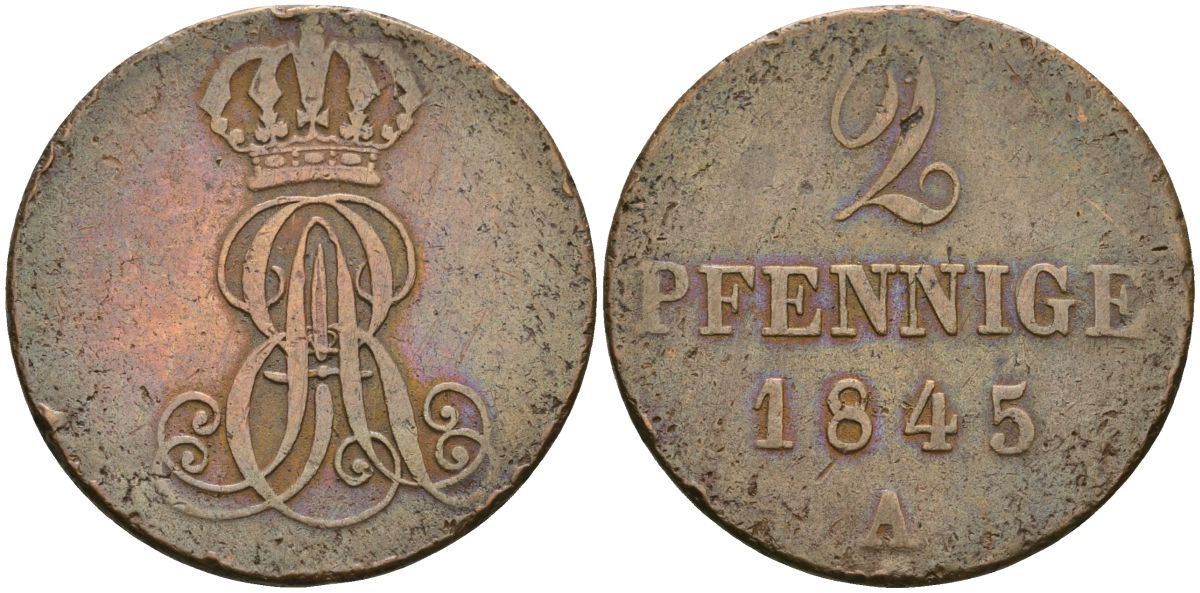 Ганновер 2 пфеннига 1845 A, Эрнст Август (1837-1851) KM 174, Jaeger 55 AKS 122 медь 08-923