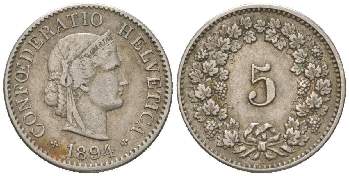 Швейцария 5 раппенов 1894 B KM 26 медно-никель 4158-655