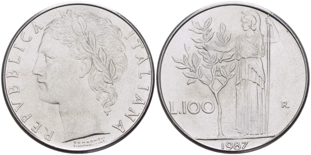 ИТАЛИЯ 100 ЛИР 1987 R, АФИНА KM 96.1 нержавеющая сталь 4526-341