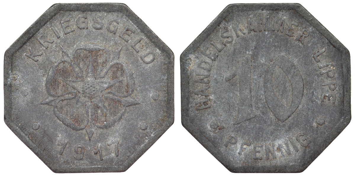 Германия, торговая палата Липпе 10 пфеннигов 1917 Северный Рейн-Вестфалия, нотгельд Funck 299.2A цинк 4119-1214