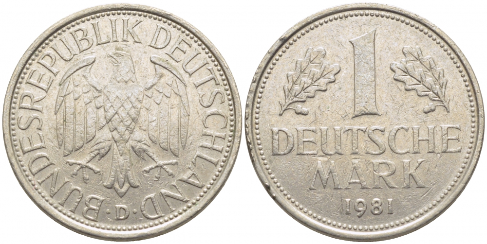 ФРГ 1 МАРКА 1981 D J.385, KM 110 медно-никель 3856-151