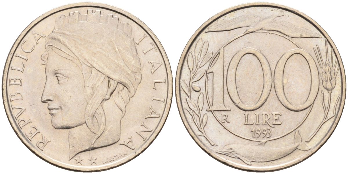 Италия 100 лир 1993 R, дельфины KM 159 медно-никель 4538-1245