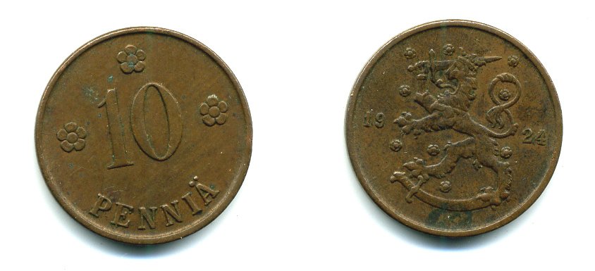 Финляндия 10 пенни 1924 республика (1918-1962) KM 24 медь 46-1354