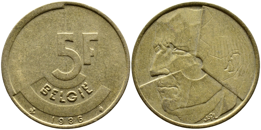 БЕЛЬГИЯ 5 ФРАНКОВ 1986 BELGIE KM 164 латунь или алюминиевая бронза 4388-1222