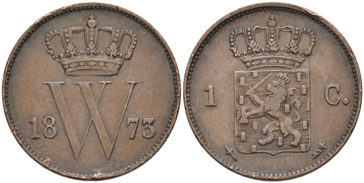 Нидерланды 1 цент 1873 Виллем III (1849-1890) KM 100 медь 4575-927