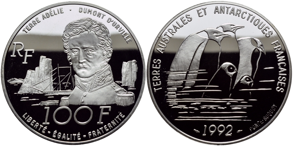 Франция 100 франков 1992 ИМПЕРАТОРСКИЕ ПИНГВИНЫ, ФРАНЦУЗСКИПЕ АНТАРКТИЧЕСКИЕ ТЕРРИТОРИИ KM 1011 серебро PROOF 01-161-34