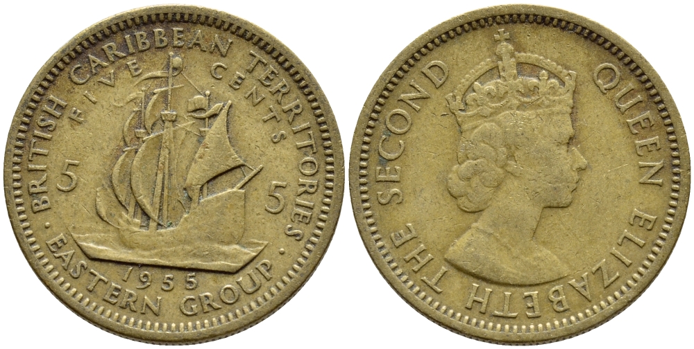 Британские Восточно-Карибские территории 5 центов 1955 Елизавета II (1952-2022), парусник KM 4 никель латунь 4388-1015