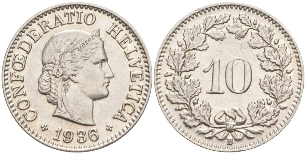 ШВЕЙЦАРИЯ 10 РАППЕНОВ 1936 В KM 27b никель 3309-1231
