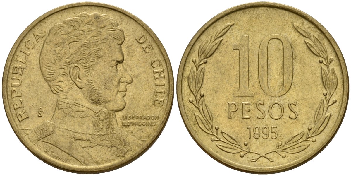 Чили 10 песо 1995 KM 228 никель латунь 4159-1012