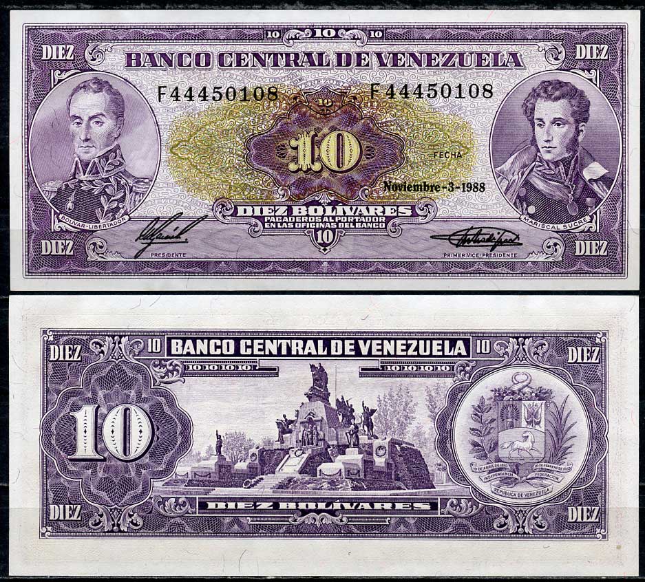 Венесуэла 10 боливаров 1988 Симон Боливар и Антонио Хосе Сукре, монумент битве при Карабобо Pick 62 a  бумага  UNC (пресс) 447-70-2-2