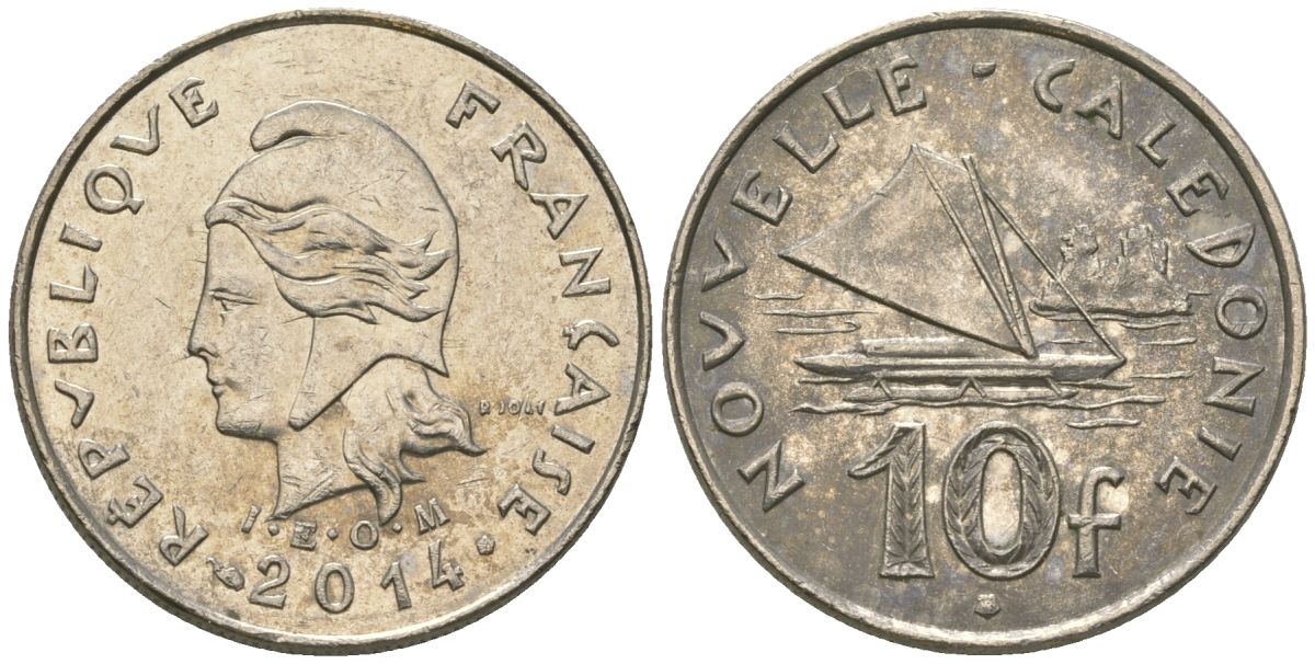 Французская Новая Каледония 10 франков 2014 рыбачья парусная лодка, (IEOM) KM 11a, Schoen 13a, Lec 99k медно-никель 67-1142