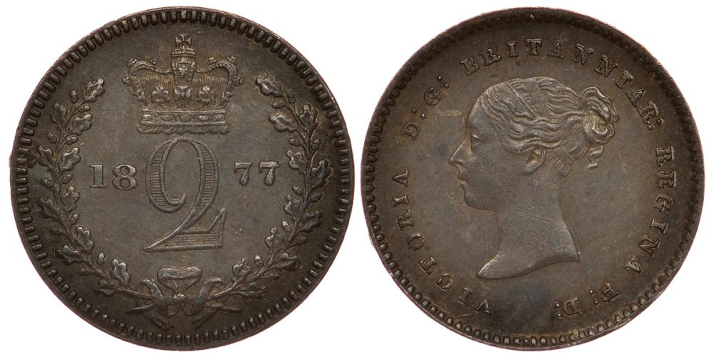 Великобритания 2 пенса 1877 Виктория (1837-1901) Spink 3919, KM 729 серебро PROOFLIKE 650-1023