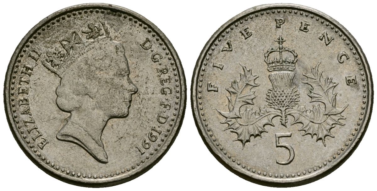 Великобритания 5 пенсов 1991 Елизавета II (1952-2022) KM 937b, Spink 4372 (D4) медно-никель 4173-1242