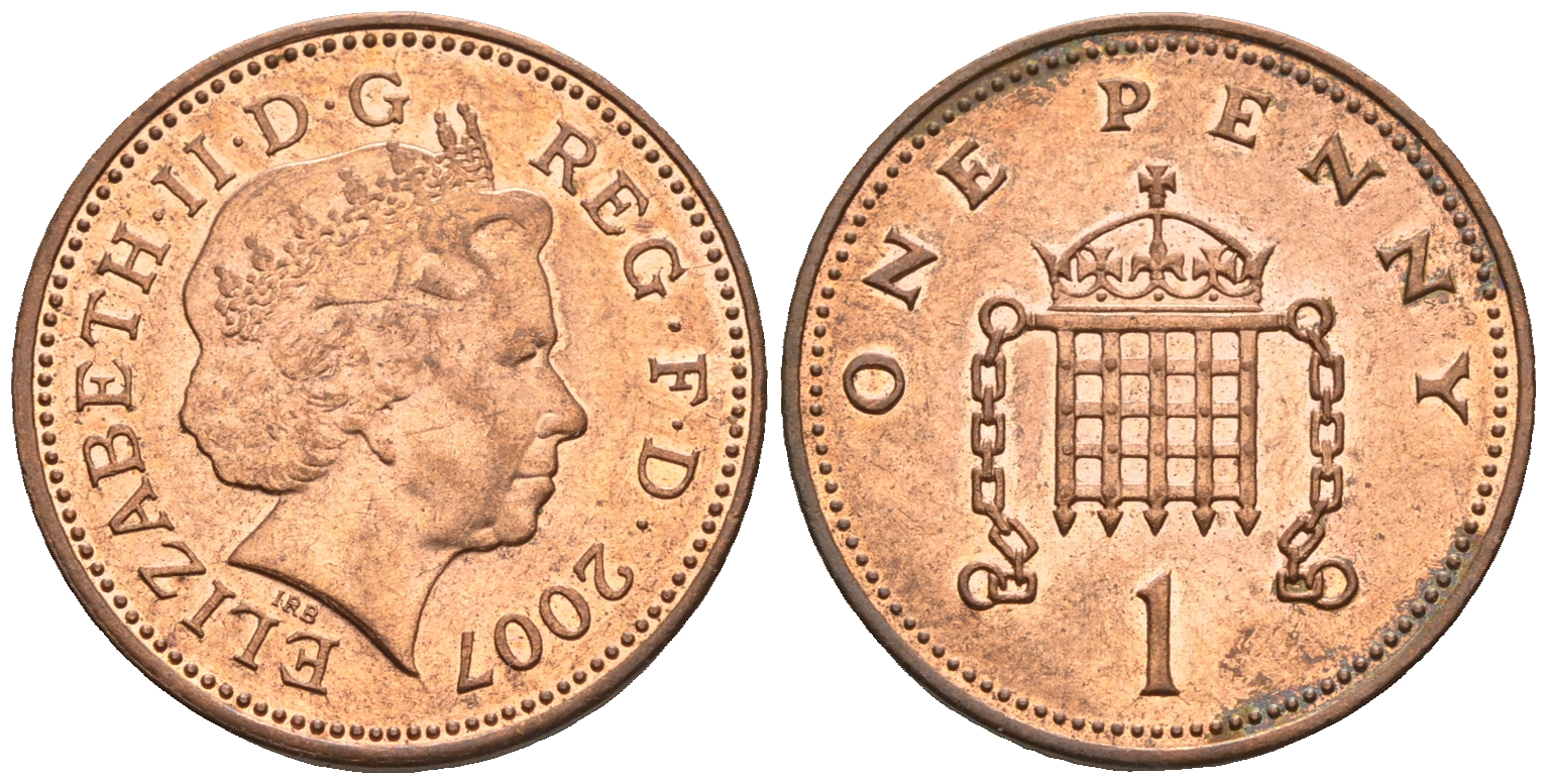 Великобритания 1 пенни 2007 Елизавета II (1952-2022) KM 986, Spink 4710 (B5) сталь плакированная медью 4609-634