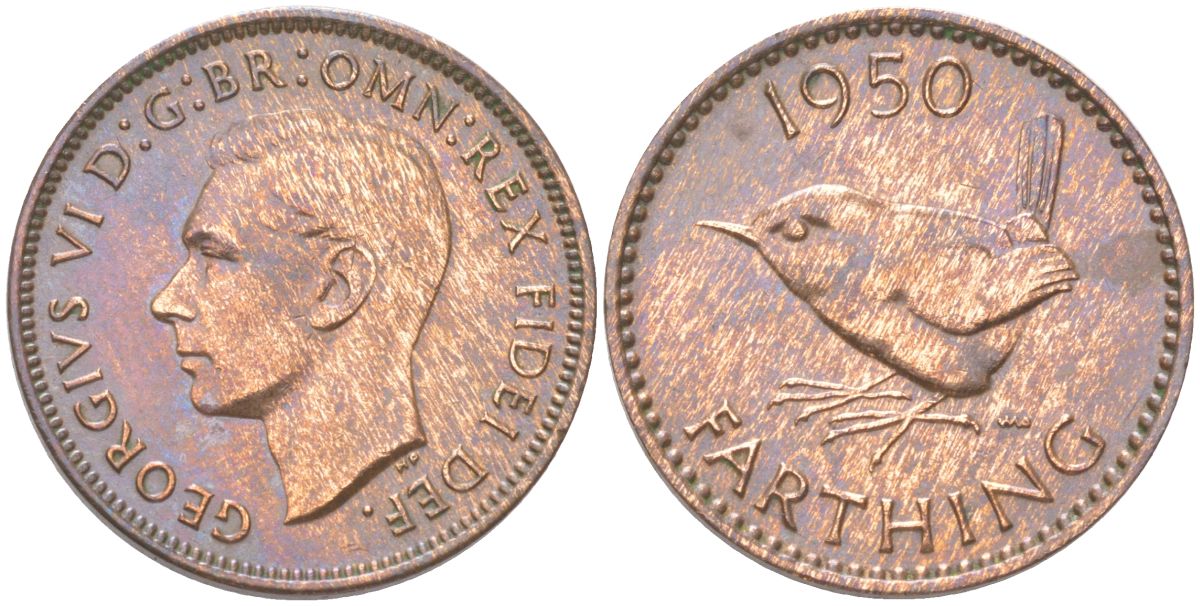 Великобритания 1 фартинг 1950 Георг VI (1936-1952) KM 867, Spink 4119 бронза 4613-519