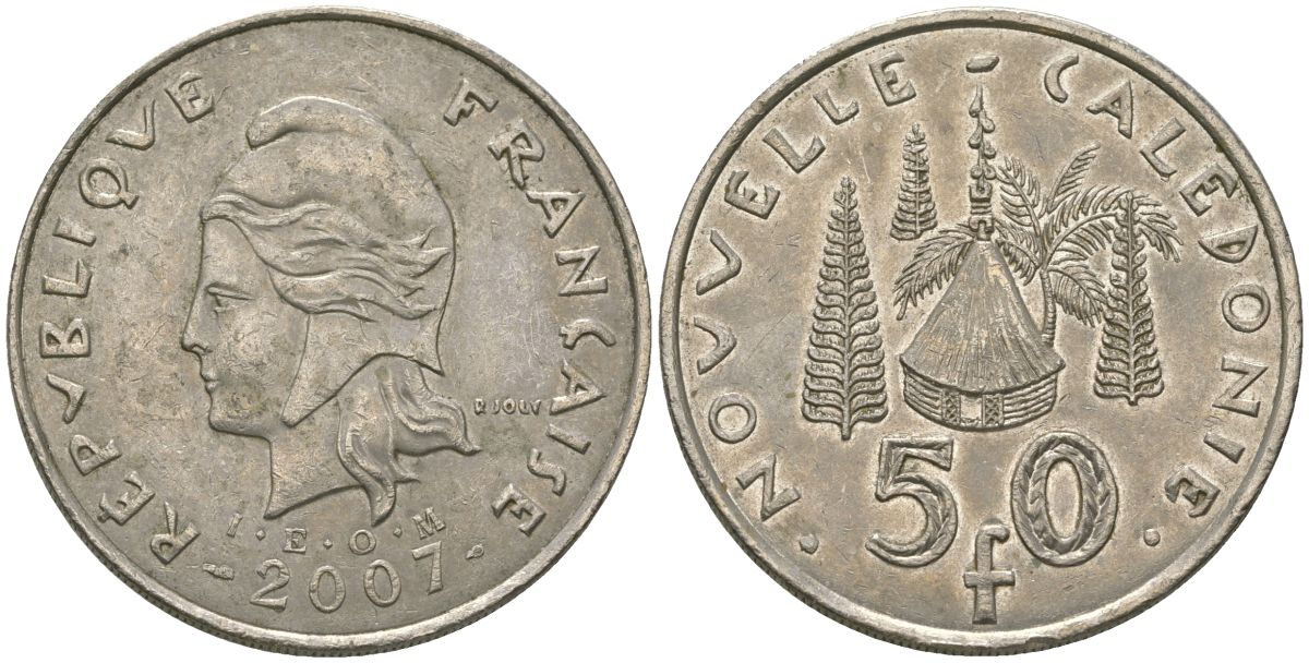 Французская Новая Каледония 50 франков 2007 хижина среди сосен и пальм, (IEOM) KM 13a, Schoen 15a, Lec 128i медно-никель 114-245