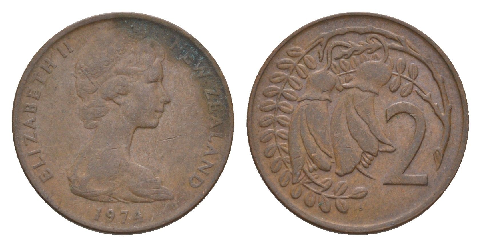 Новая Зеландия 2 цента 1974 Елизавета II (1952-2022), два цветка кохаи KM 32.1 бронза 4655-1145